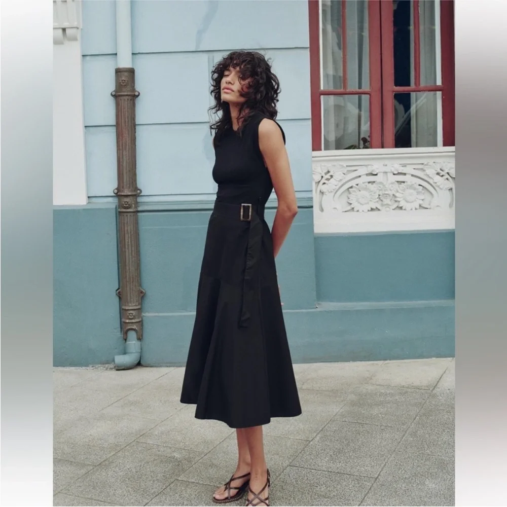 Zara NWT Chic Black Midi Dress with Belt Detail - Picture 1 of 13